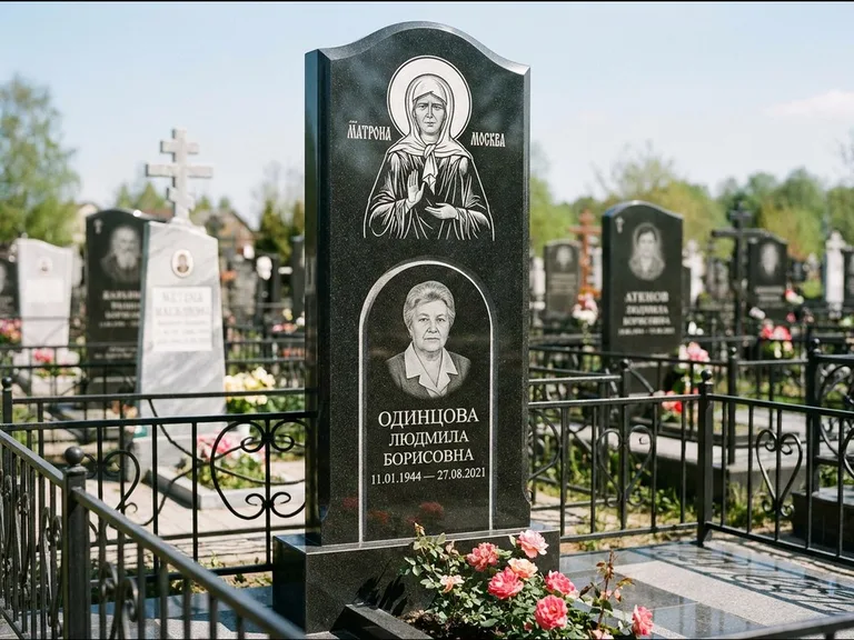 Памятник с гравировкой иконы — Владимирская икона Божией Матери с Младенцем, работа «Зотов» в Оренбурге