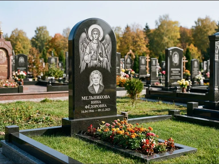 Памятник с гравировкой иконы — икона над портретом усопшего, работа «Журавлёв» в Оренбурге