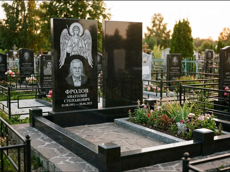 Памятник с гравировкой иконы: стела с резной рамкой вокруг иконы — Архангел Михаил на стеле, белая мраморная крошка с бордюром, работа «Богданова» в Оренбурге