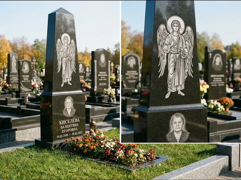 Памятник с гравировкой иконы: асимметричная скошенная стела — гравировка образа Спасителя, живая изгородь из кустарника, работа «Третьяков» в Оренбурге