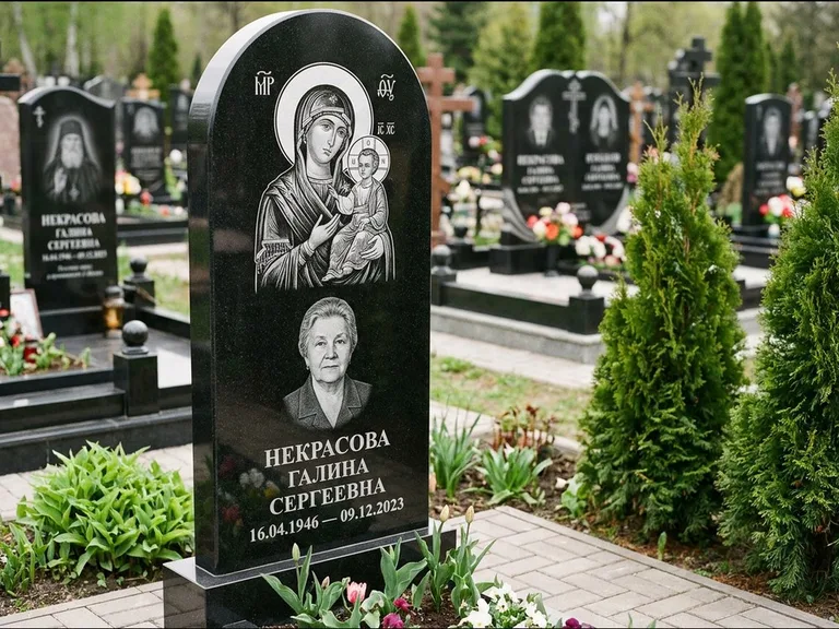 Памятник с гравировкой иконы: фигурная стела с киот-нишей под икону — икона в резной рамке-киоте, светлая гравийная отсыпка, работа «Журавлёв» в Оренбурге