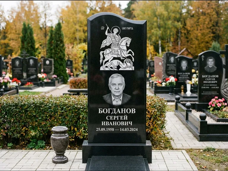 Памятник с гравировкой иконы: монументальный семейный мемориал из двух стел на общем цоколе — гравировка Николая Чудотворца, мощёная гранитная площадка без ограды, работа «Раевская» в Оренбурге