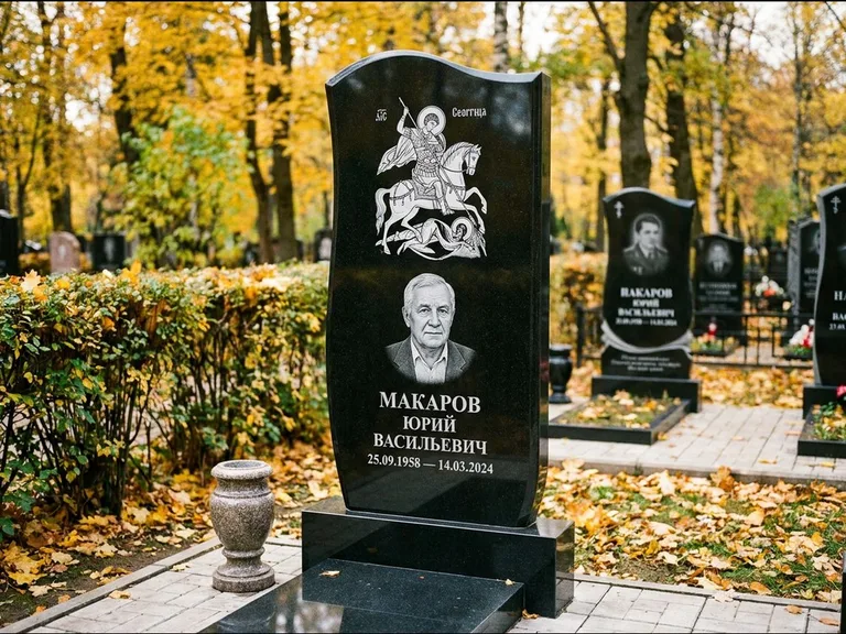 Памятник с гравировкой иконы — икона над портретом усопшего, работа «Раевская» в Оренбурге
