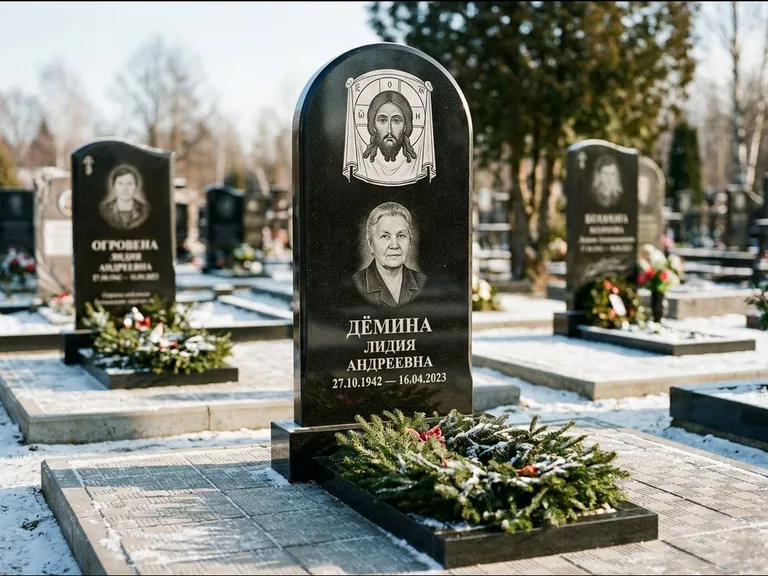 Памятник с гравировкой иконы — икона Спаса Вседержителя над именем усопшего, работа «Ковалёв» в Оренбурге
