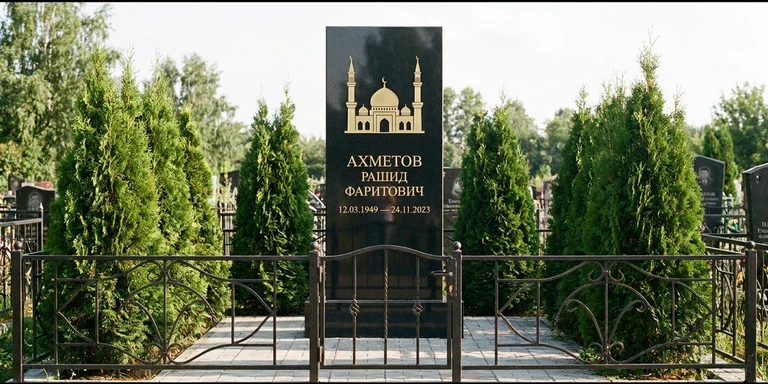 Гравировка мечети на памятник в Оренбурге — стела из чёрного гранита, оформление по канонам ислама