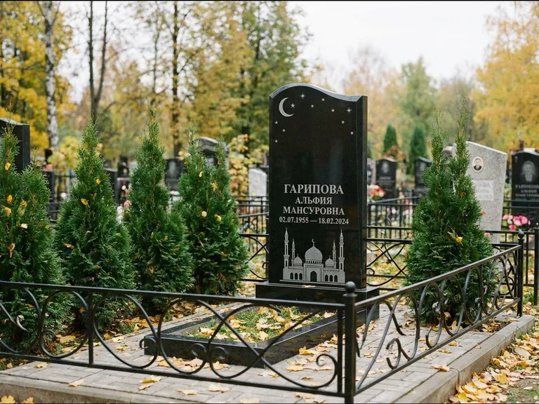 Мусульманский памятник с гравировкой мечети — мечеть с луной в ночном небе, работа «Гарипова» в Оренбурге