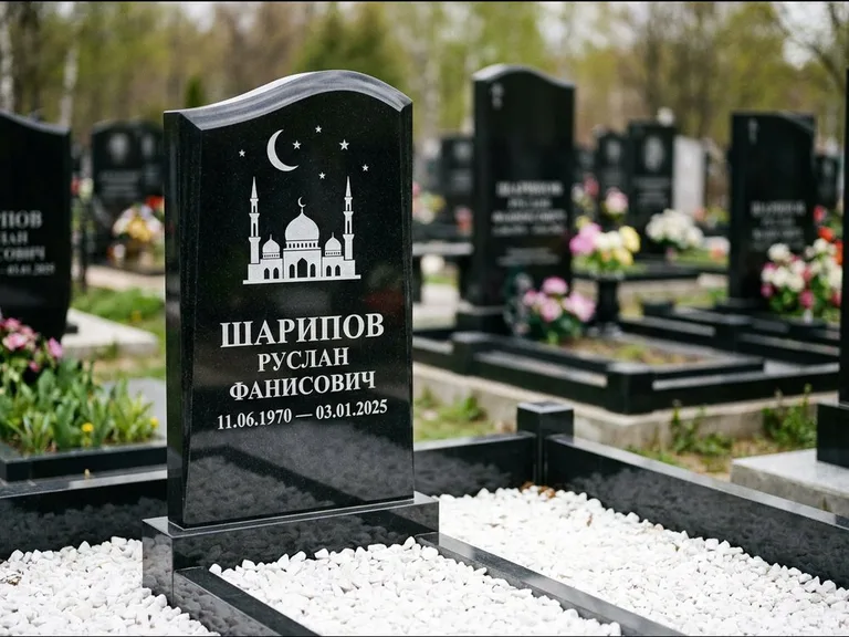 Мусульманский памятник с гравировкой мечети: стела с волнообразным скошенным верхом — гравировка мечети под полумесяцем и звёздами, белая мраморная крошка с бордюром, работа «Шарипов» в Оренбурге
