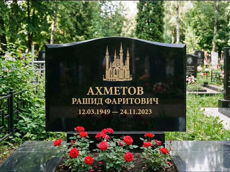 Мусульманский памятник с гравировкой мечети: широкая двойная семейная стела — золочёная гравировка мечети, цветник с красными розами, работа «Ахметов» в Оренбурге