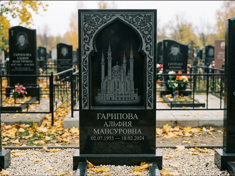 Мусульманский памятник с гравировкой мечети: фигурная стела с михраб-нишей — гравировка мечети в михраб-арке с орнаментом, светлая гравийная отсыпка, работа «Гарипова» в Оренбурге