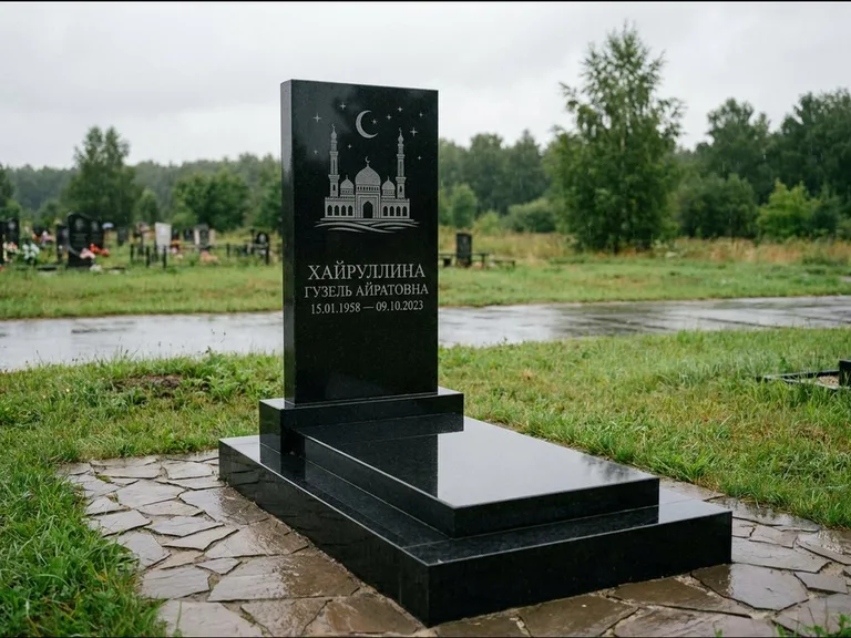 Мусульманский памятник с гравировкой мечети: ступенчатая двухуровневая стела — гравировка мечети под полумесяцем и звёздами, каменная дорожка из плитняка, работа «Хайруллина» в Оренбурге