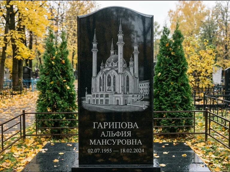 Мусульманский памятник с гравировкой мечети — мечеть Кул-Шариф на обороте стелы, работа «Гарипова» в Оренбурге