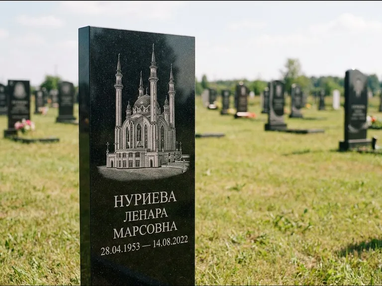 Мусульманский памятник с гравировкой мечети: узкая вертикальная стела-пилон — гравировка мечети в михраб-арке с орнаментом, открытая лужайка без ограды, работа «Хайруллина» в Оренбурге