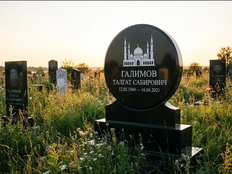 Мусульманский памятник с гравировкой мечети: округлая стела-медальон на тумбе — гравировка мечети в михраб-арке с орнаментом, луговые травы и полевые цветы, работа «Каримов» в Оренбурге