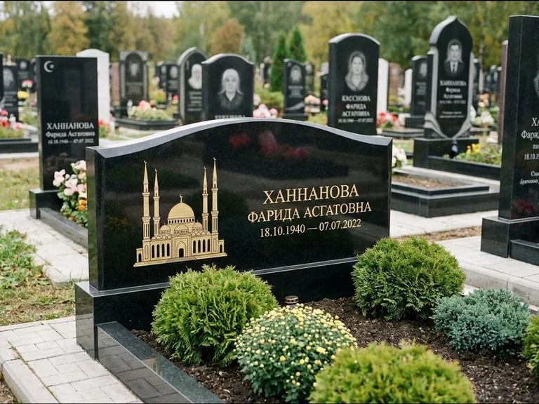 Мусульманский памятник с гравировкой мечети: вытянутая горизонтальная семейная стела с аркой — белая гравировка силуэта мечети с минаретами, участок с декоративными кустами, работа «Гарипова» в Оренбурге