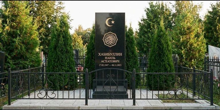 Гравировка на мусульманском памятнике в Оренбурге — стела из чёрного гранита, оформление по канонам ислама