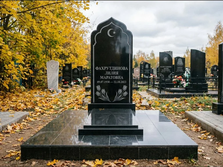 Мусульманский памятник: стела с михраб-навершием в форме арки — гравировка минарета с полумесяцем, гранитный цоколь с тёмной плиткой, работа «Фахрутдинова» в Оренбурге