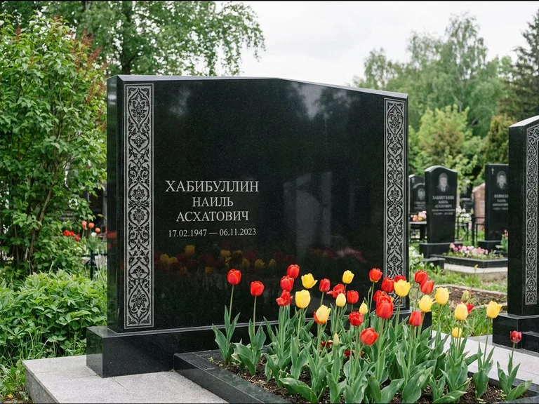 Мусульманский памятник: широкая двойная семейная стела — золочёная гравировка мечети, цветник с тюльпанами, работа «Хабибуллин» в Оренбурге