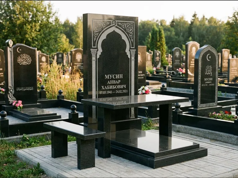 Мусульманский памятник: стела с гранитным столиком и скамьёй — гравировка мечети под полумесяцем и звёздами, семейный участок с плиткой, работа «Гимаев» в Оренбурге