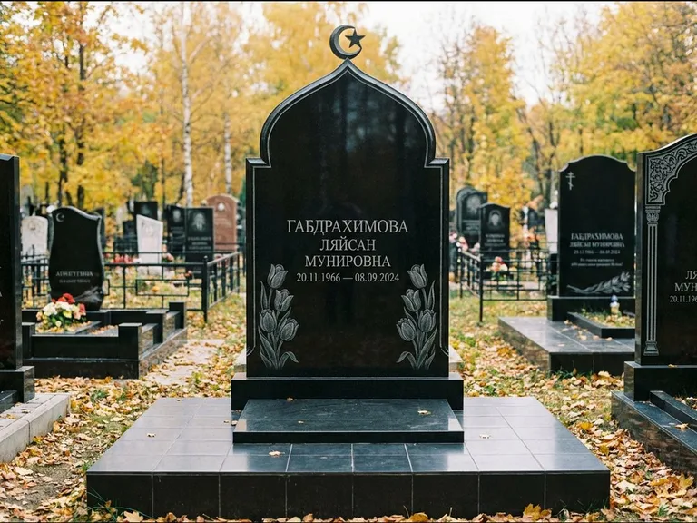 Мусульманский памятник: массивная стела с михраб-навершием — белая гравировка силуэта мечети с минаретами, цоколь тёмной плиткой, работа «Магомедова» в Оренбурге