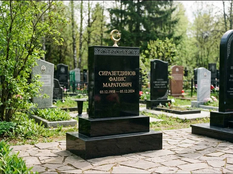Мусульманский памятник: ступенчатая трёхуровневая стела — золочёная гравировка мечети, дорожка из природного плитняка, работа «Мустафин» в Оренбурге
