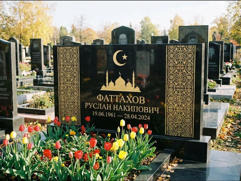Мусульманский памятник: широкая панорамная стела с золочёным орнаментом — гравировка минарета с полумесяцем, цветник с тюльпанами, работа «Сулейманов» в Оренбурге