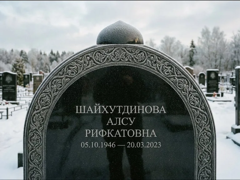 Мусульманский памятник: полукруглая стела с купольным навершием — гравировка мечети под полумесяцем и звёздами, заснеженный зимний участок, работа «Ганиева» в Оренбурге
