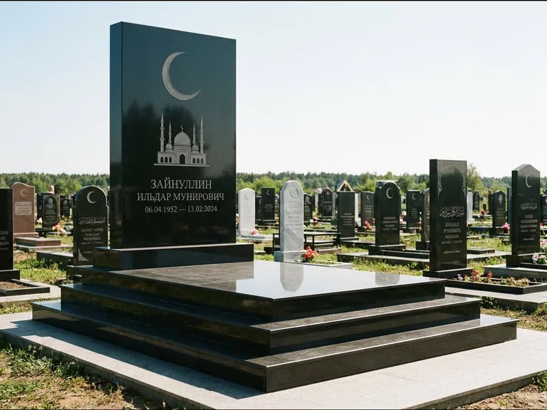 Мусульманский памятник: массивная стела на ступенчатом постаменте — гравировка мечети под полумесяцем и звёздами, гранитная площадка без ограды, работа «Хабибуллин» в Оренбурге