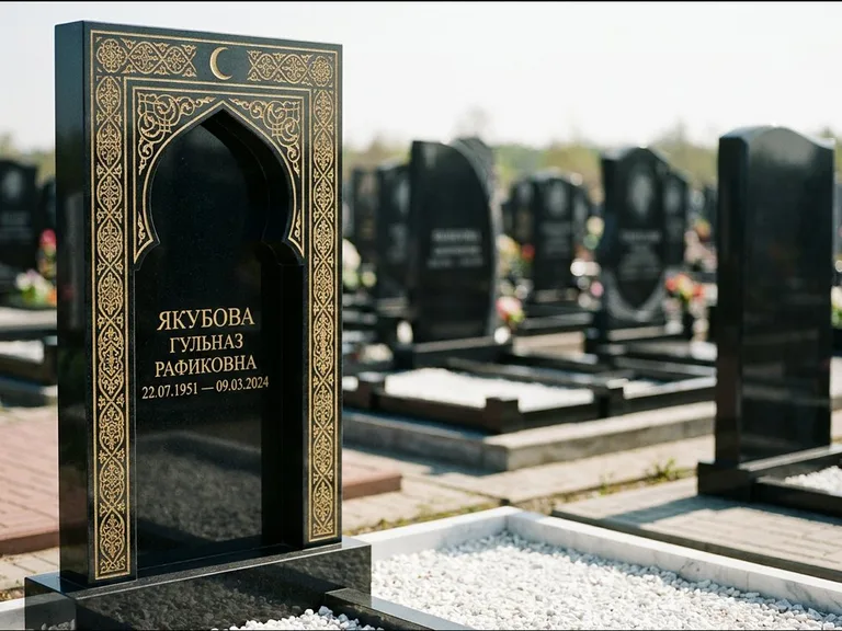 Мусульманский памятник: стела в форме михраба с глубокой нишей и золочёным орнаментом — детализированная гравировка мечети Кул-Шариф, участок с белой мраморной крошкой, работа «Мустафин» в Оренбурге