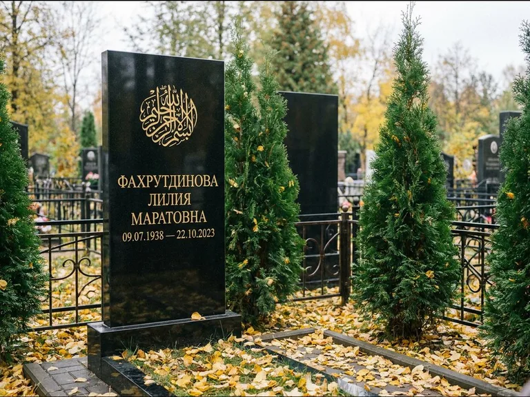 Мусульманский памятник — шахада в верхней части стелы, работа «Фахрутдинова» в Оренбурге