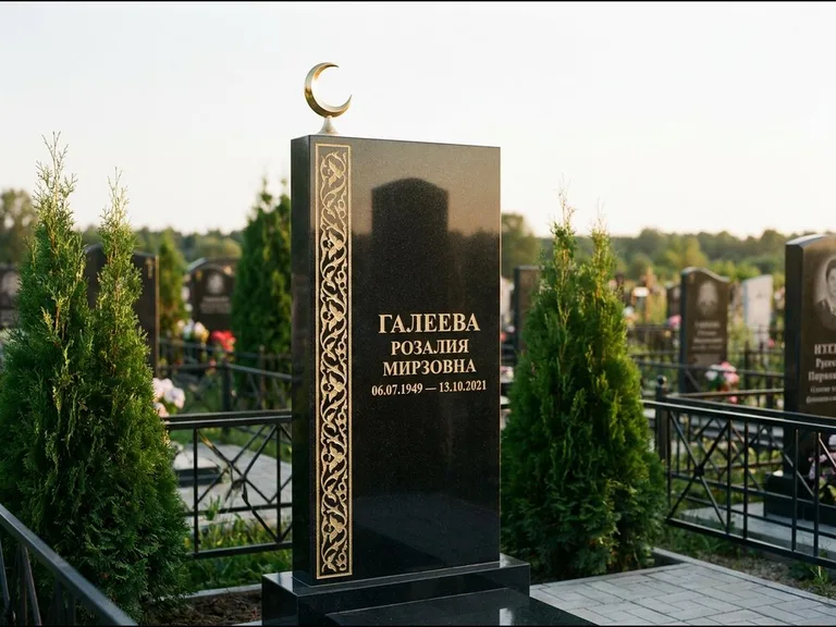 Памятник с гравировкой полумесяца — золочёный полумесяц и колонна растительного орнамента-ислими, работа «Галеева» в Оренбурге