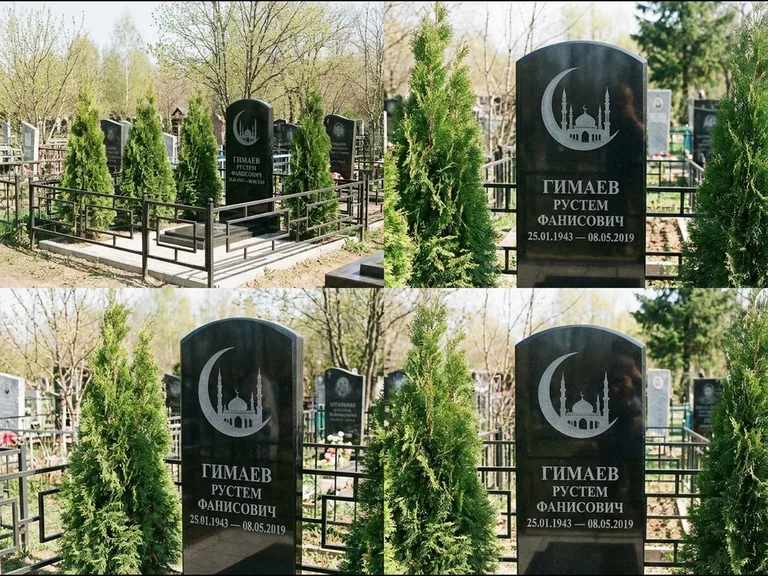 Памятник с гравировкой полумесяца — гравировка полумесяца над силуэтом мечети, работа «Гимаев» в Оренбурге