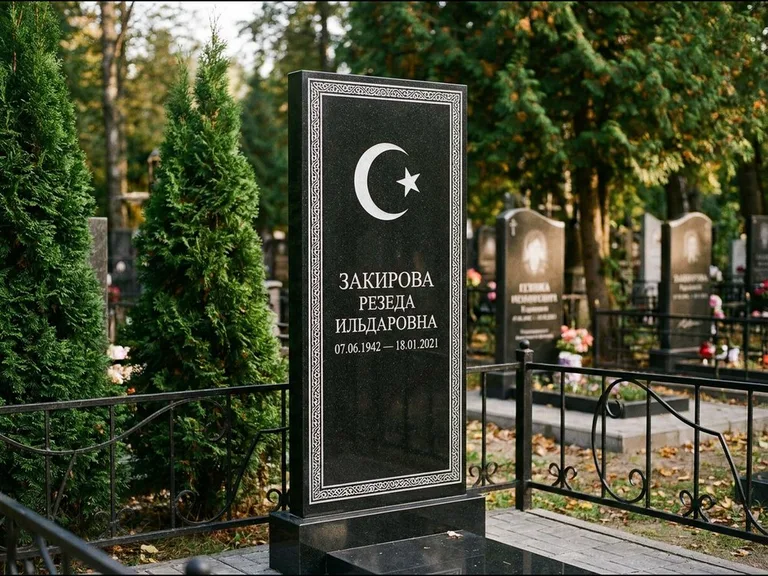 Памятник с гравировкой полумесяца — строгая белая гравировка полумесяца со звездой и орнаменталь, работа «Закирова» в Оренбурге