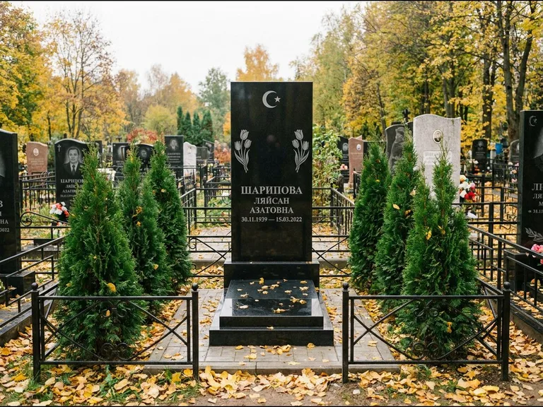 Памятник с гравировкой полумесяца — гравировка полумесяца со звездой и тюльпанами по бокам, работа «Шарипова» в Оренбурге