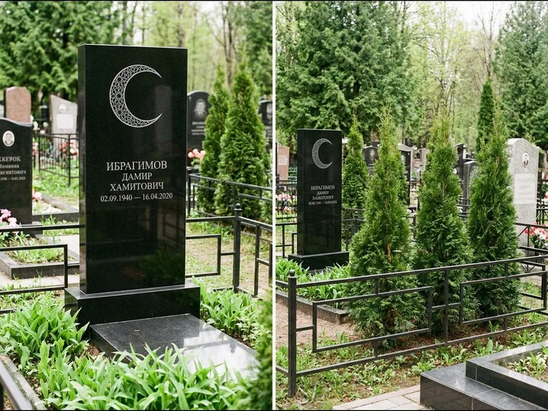Памятник с гравировкой полумесяца — гравировка полумесяца в геометрическом орнаменте-гирихе, работа «Ибрагимов» в Оренбурге