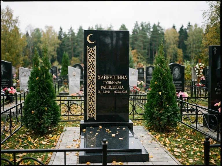 Памятник с гравировкой полумесяца — золочёный полумесяц и колонна растительного орнамента-ислими, работа «Хайруллина» в Оренбурге