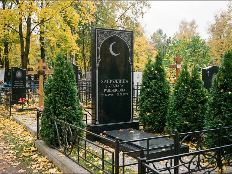 Памятник с гравировкой полумесяца — гравировка полумесяца в восточной арке с орнаментом, работа «Хайруллина» в Оренбурге