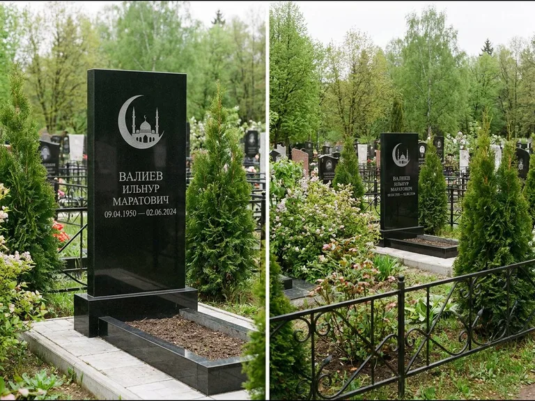 Памятник с гравировкой полумесяца — гравировка полумесяца над силуэтом мечети, работа «Валиев» в Оренбурге