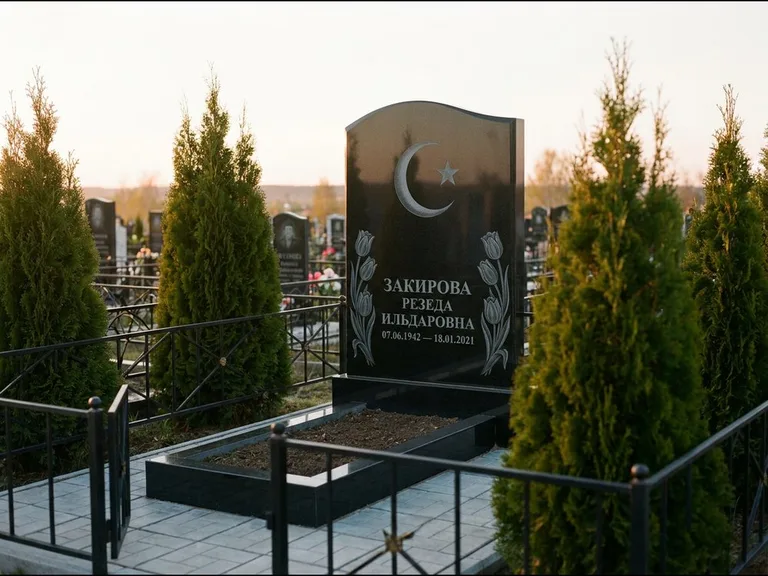 Памятник с гравировкой полумесяца — гравировка полумесяца со звездой и тюльпанами по бокам, работа «Закирова» в Оренбурге