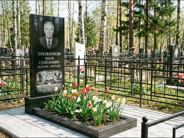 Памятник с гравировкой журавлей — гравировка пары журавлей над гладью озера в нижней части, работа «Трофимов» в Оренбурге