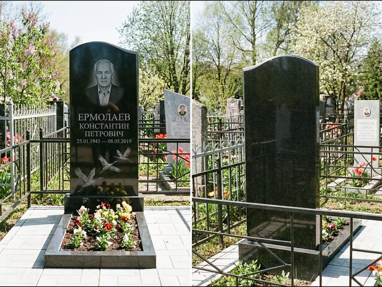 Памятник с гравировкой журавлей — гравировка трёх журавлей по диагонали через свободное поле с, работа «Ермолаев» в Оренбурге