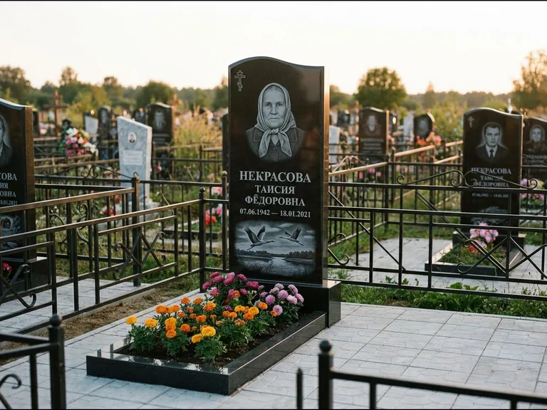 Памятник с гравировкой журавлей — гравировка пары журавлей над гладью озера в нижней части, работа «Некрасова» в Оренбурге