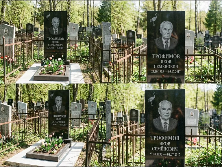 Памятник с гравировкой журавлей — гравировка одиночного летящего журавля над портретом, работа «Трофимов» в Оренбурге