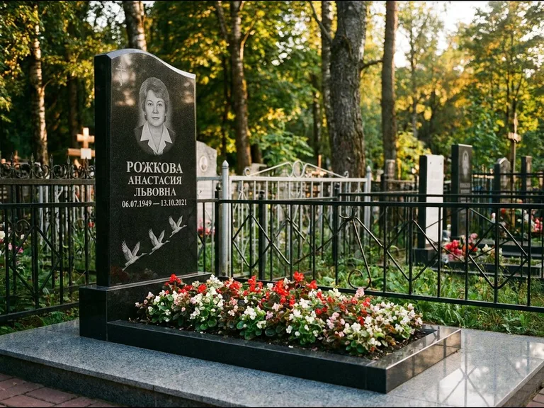 Памятник с гравировкой журавлей — гравировка трёх журавлей по диагонали через свободное поле с, работа «Рожкова» в Оренбурге