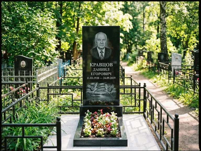 Памятник с гравировкой журавлей — гравировка пары журавлей над гладью озера в нижней части, работа «Кравцов» в Оренбурге