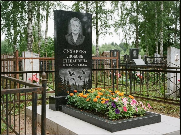 Памятник с гравировкой журавлей — гравировка силуэтов журавлей над еловым лесом, работа «Сухарева» в Оренбурге