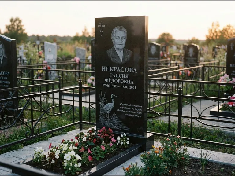 Памятник с гравировкой журавлей — гравировка журавля у камышей рядом с эпитафией, работа «Некрасова» в Оренбурге