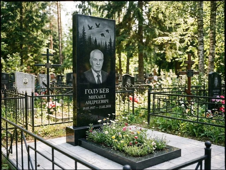 Памятник с гравировкой журавлей — гравировка силуэтов журавлей над еловым лесом, работа «Голубев» в Оренбурге