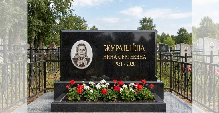 Памятник с оградой, Пример гранитного памятника, изготовленного мастерской «Мастер Каменев» для кладбища в Москве