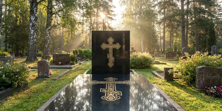 Гравировка креста на памятнике в Оренбурге — православный восьмиконечный крест на граните