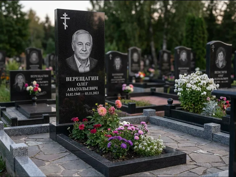 Памятник из чёрного гранита — горизонтальная плита-стела с православным восьмиконечным крестом, работа «Тихонов» в Оренбурге